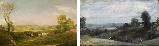 77413_FIG 3 (left): John Constable, Dedham Vale: Morning, circa 1811. Image: Bridgeman Images.  177413_FIG 4 (right): John Constable, Dedham Vale from Langham, circa 1812. Image © Ashmolean Museum / Bridgeman Images.